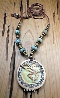 Jaguar Dancer Hand Carved Melon Shell Gorget Pendant Handmade Jadeite Beads