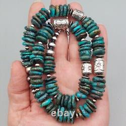 Kingman Turquoise Navajo Pearl Cylinder Bead Necklace Sterling Stamped Chunky 21