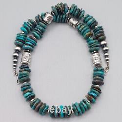 Kingman Turquoise Navajo Pearl Cylinder Bead Necklace Sterling Stamped Chunky 21