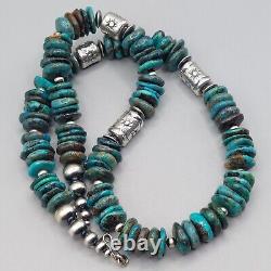 Kingman Turquoise Navajo Pearl Cylinder Bead Necklace Sterling Stamped Chunky 21