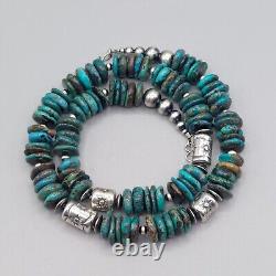 Kingman Turquoise Navajo Pearl Cylinder Bead Necklace Sterling Stamped Chunky 21