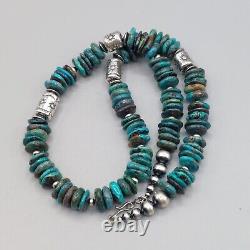 Kingman Turquoise Navajo Pearl Cylinder Bead Necklace Sterling Stamped Chunky 21