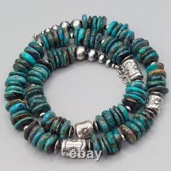 Kingman Turquoise Navajo Pearl Cylinder Bead Necklace Sterling Stamped Chunky 21