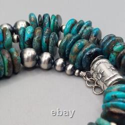 Kingman Turquoise Navajo Pearl Cylinder Bead Necklace Sterling Stamped Chunky 21