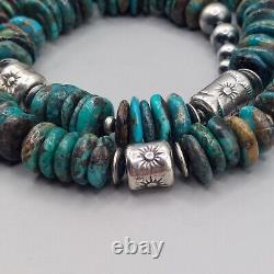 Kingman Turquoise Navajo Pearl Cylinder Bead Necklace Sterling Stamped Chunky 21