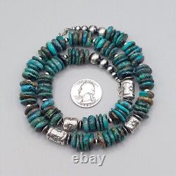 Kingman Turquoise Navajo Pearl Cylinder Bead Necklace Sterling Stamped Chunky 21