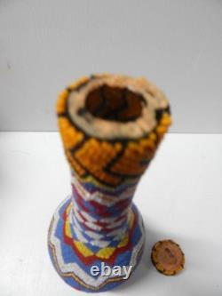 LARGE ANTIQUE VINTAGE PAIUTE INDIAN BEADED BOTTLE 9 7/8t NICE OLD ONE