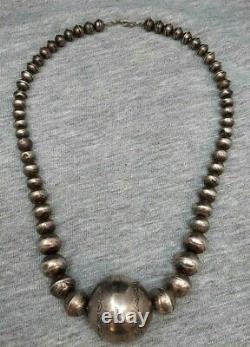 LARGE STERLING SILVER NAVAJO PEARL GRADUATING BEAD Ball STAMPED NECKLACE