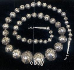 LONG LARGE Navajo Pearls Sterling Silver Stamped Bench Bead Necklace 28 Inch