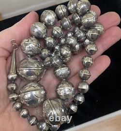 LONG LARGE Navajo Pearls Sterling Silver Stamped Bench Bead Necklace 28 Inch