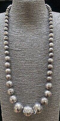 LONG LARGE Navajo Pearls Sterling Silver Stamped Bench Bead Necklace 28 Inch