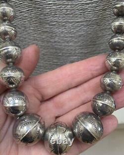 LONG LARGE Navajo Pearls Sterling Silver Stamped Bench Bead Necklace 28 Inch