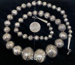 LONG LARGE Navajo Pearls Sterling Silver Stamped Bench Bead Necklace 28 Inch