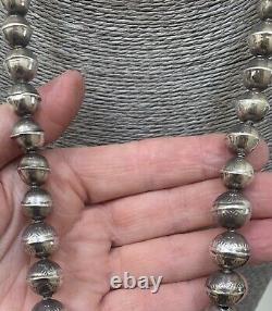 LONG LARGE Navajo Pearls Sterling Silver Stamped Bench Bead Necklace 28 Inch