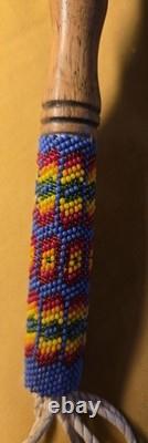 Lakota Native American 10 Gourd Rattle With1mm Beaded & Carved Wooden Handle