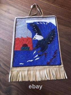 Large Native American Beaded Flat Bag Soaring Eagle, Riding Wave, Lightning Bolt