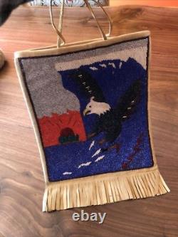 Large Native American Beaded Flat Bag Soaring Eagle, Riding Wave, Lightning Bolt