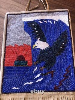 Large Native American Beaded Flat Bag Soaring Eagle, Riding Wave, Lightning Bolt