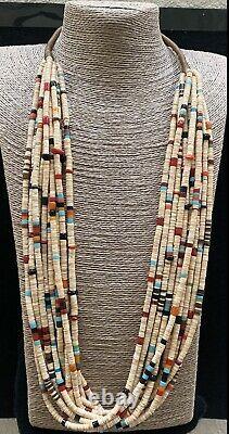 Large Native American Santo Domingo Shell & Glass 10 Strand Necklace Coriz