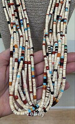 Large Native American Santo Domingo Shell & Glass 10 Strand Necklace Coriz