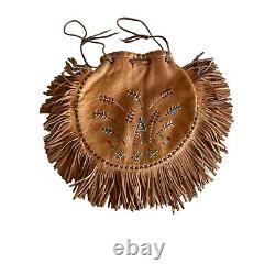 Leather Cinch Close Native American Indian Pouch Beaded Fringe Lined