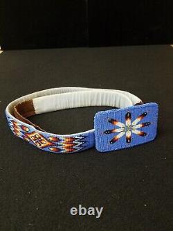 Leather Hand Beaded Star Design Native American Indian Belt And Beaded Buckle