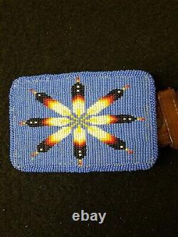 Leather Hand Beaded Star Design Native American Indian Belt And Beaded Buckle
