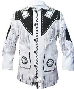 Leather Jacket Western Cowboy Fringe Suede Men Native American Coat Beaded