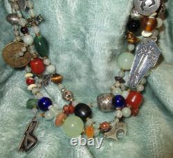 Long Bench Bead Navajo Charms Necklace Sterling Signed 3 Strand