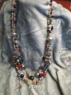 Long Bench Bead Navajo Charms Necklace Sterling Signed 3 Strand