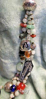 Long Bench Bead Navajo Charms Necklace Sterling Signed 3 Strand