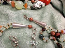 Long Bench Bead Navajo Charms Necklace Sterling Signed 3 Strand