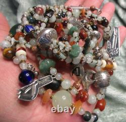 Long Bench Bead Navajo Charms Necklace Sterling Signed 3 Strand