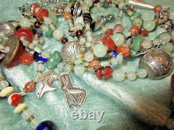 Long Bench Bead Navajo Charms Necklace Sterling Signed 3 Strand