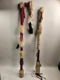 Lot 2 Native American Indian Beaded Feathers Ceremonial Coup Walking Stick Decor