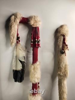 Lot 2 Native American Indian Beaded Feathers Ceremonial Coup Walking Stick Decor