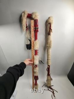 Lot 2 Native American Indian Beaded Feathers Ceremonial Coup Walking Stick Decor