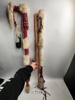 Lot 2 Native American Indian Beaded Feathers Ceremonial Coup Walking Stick Decor