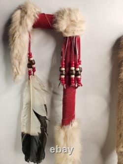 Lot 2 Native American Indian Beaded Feathers Ceremonial Coup Walking Stick Decor