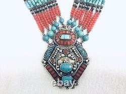 Lovely Vintage Sterling Red Coral Turquoise Native American Beaded Necklace