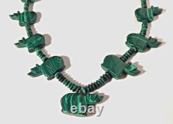 Magnificent Malachite Carved Bear Beaded Native American Necklace Handcrafted