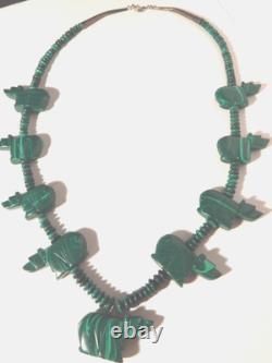 Magnificent Malachite Carved Bear Beaded Native American Necklace Handcrafted