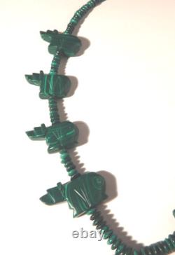 Magnificent Malachite Carved Bear Beaded Native American Necklace Handcrafted