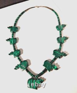 Magnificent Malachite Carved Bear Beaded Native American Necklace Handcrafted