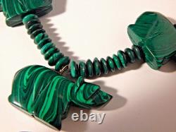Magnificent Malachite Carved Bear Beaded Native American Necklace Handcrafted