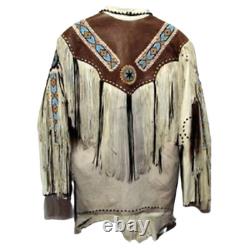 Men American Native Western Style Real Leather Cowboy Jacket Fringed & Beaded