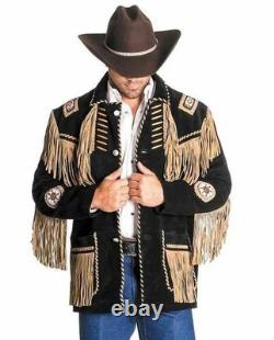 Men Native American Western Cowboy Suede Leather Jacket Fringe & Beaded