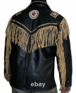 Men Native American Western Cowboy Suede Leather Jacket Fringe & Beaded