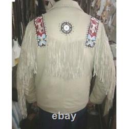 Men Native American Western Suede Leather Fringe Jacket beads