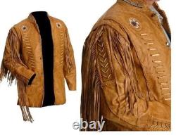 Men Western Cowboy Fringe Jacket Beaded Native American Real Leather Jacket
